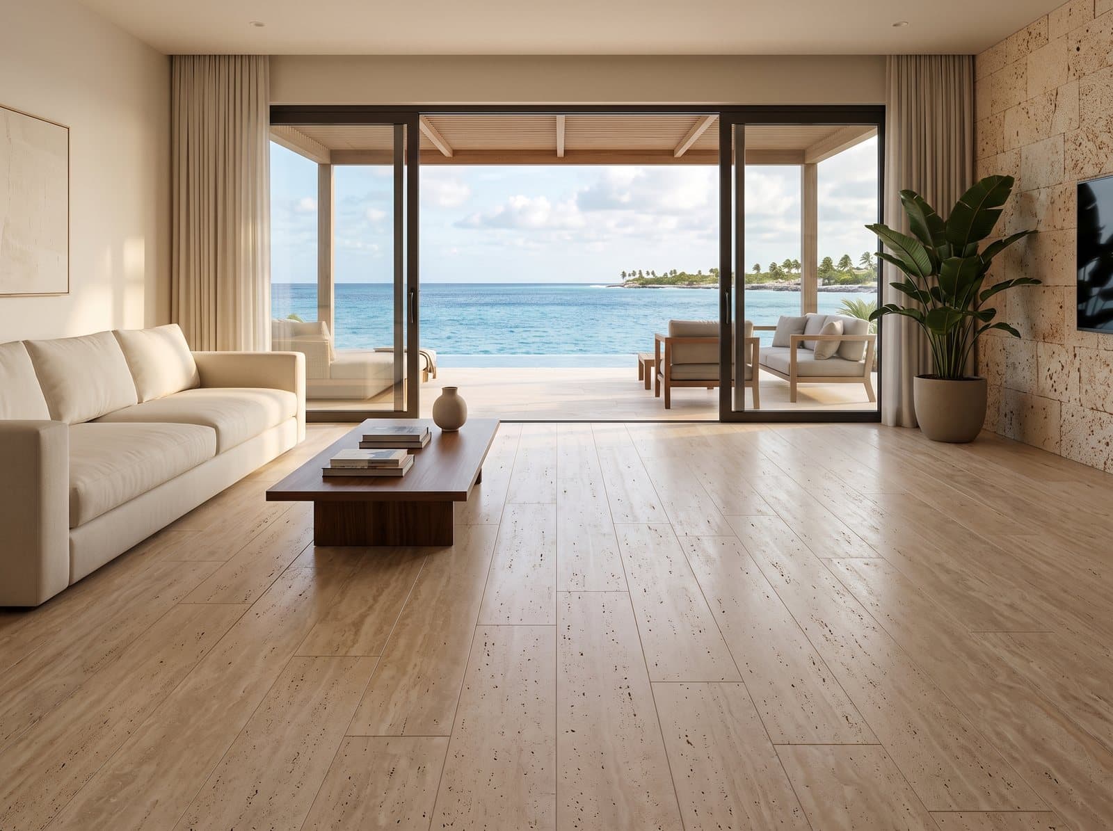 Woonkamer met lichte gezoete travertinvloer en zicht op de Caribische zee